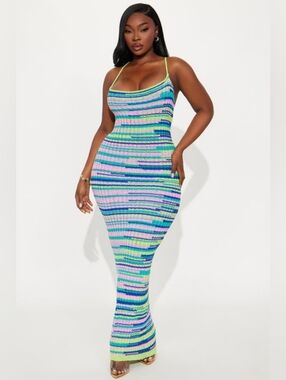 Brand New 3X Fashion Nova Astrid Crochet Maxi Dress - Pink Teal Lime Blue